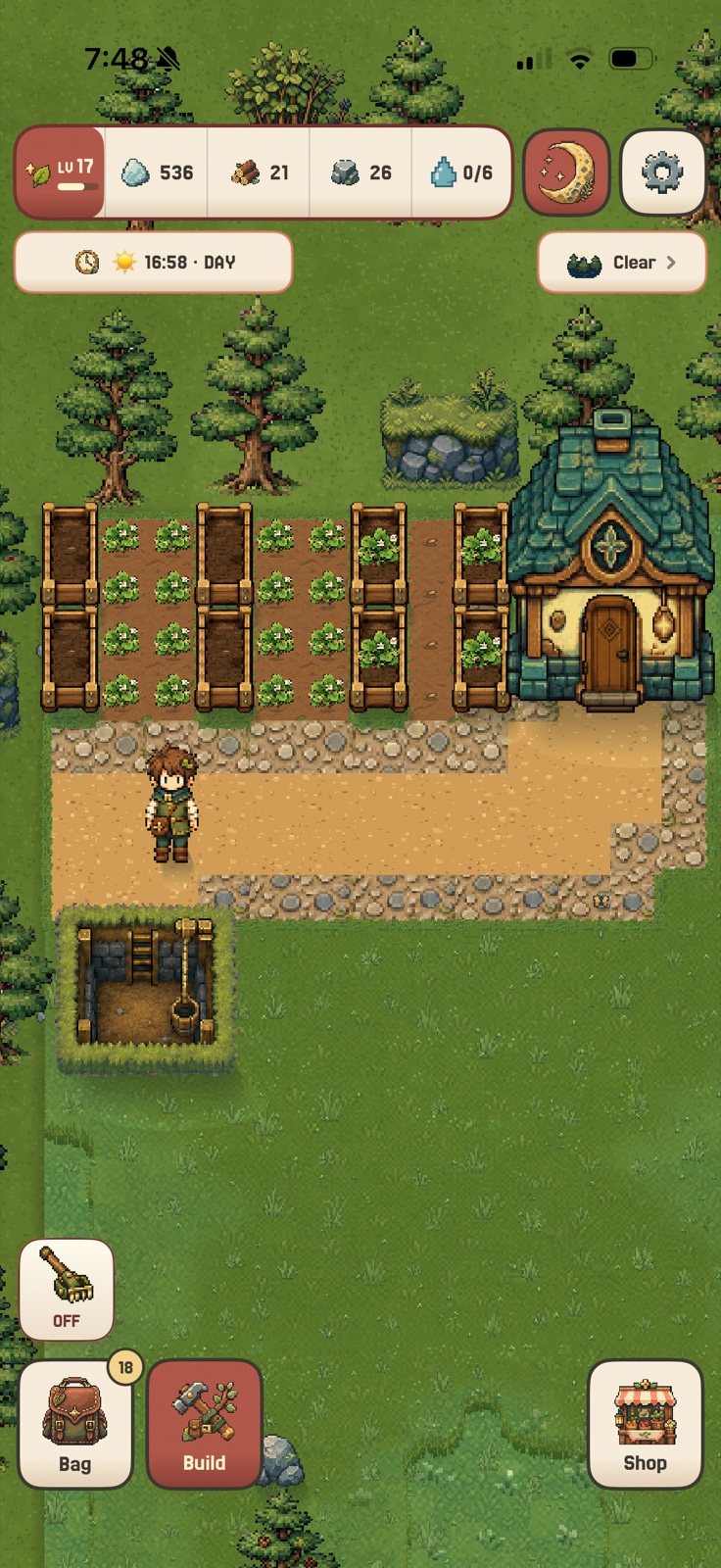 StillAcre grove gameplay with crops, a cottage, a keeper, and build controls