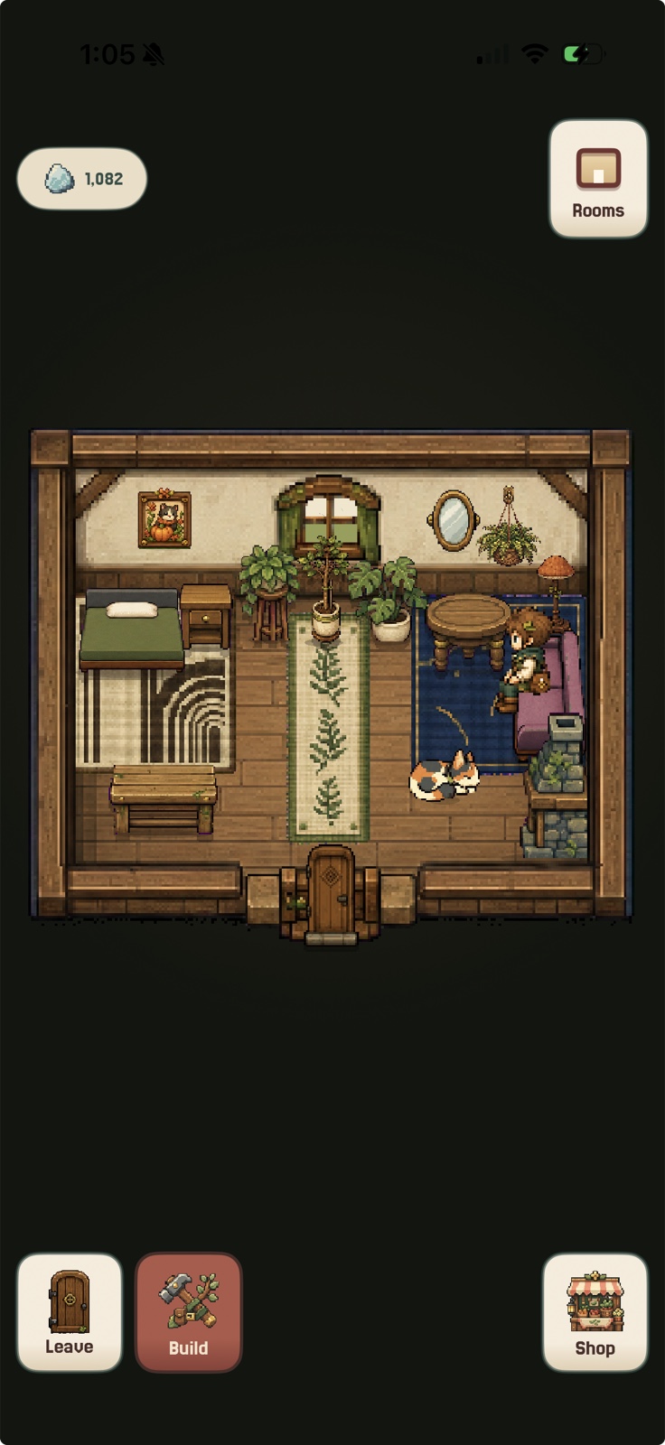 A personalized StillAcre cottage interior with furniture, plants, a keeper, and a cat
