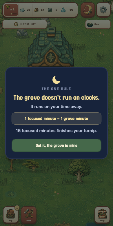 Stillacre Focus screen explaining that one focused minute becomes one grove minute