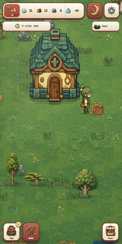 Stillacre grove gameplay with a cottage, keeper, trees, and build controls