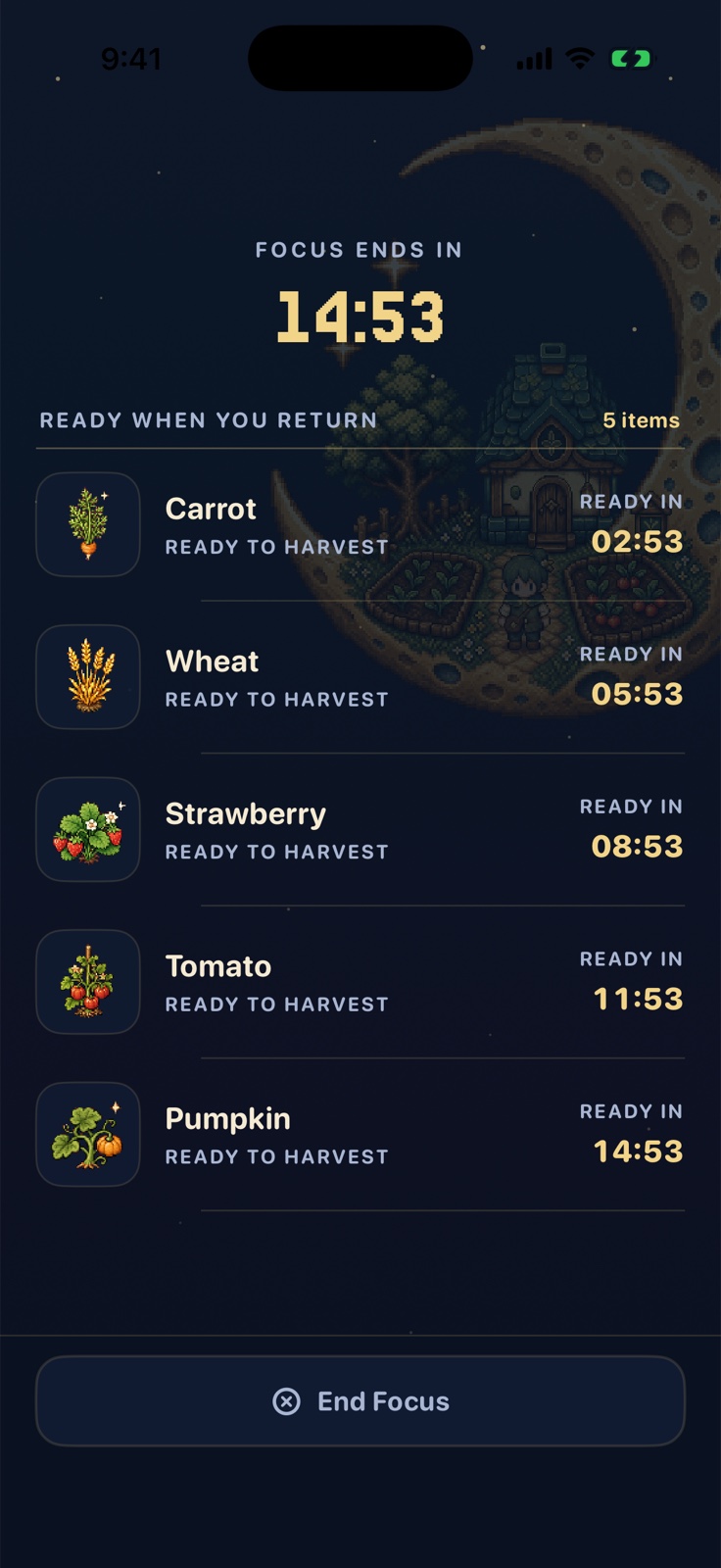 An active Stillacre Focus session counting down while carrot, wheat, strawberry, tomato, and pumpkin grow toward harvest.